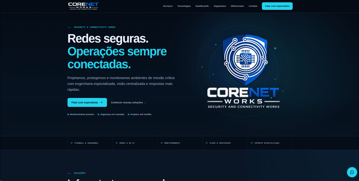 Corenet Services homepage presenting secure networks and connected operations